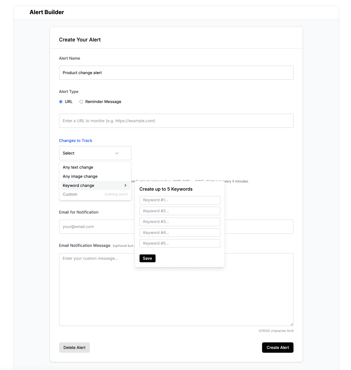 Alert creation form with fields
