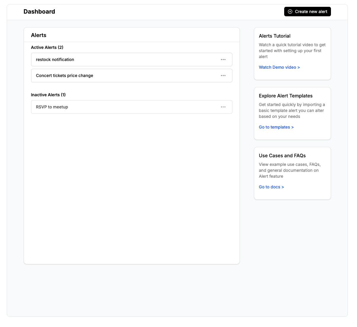 Dashboard showing active alerts and status